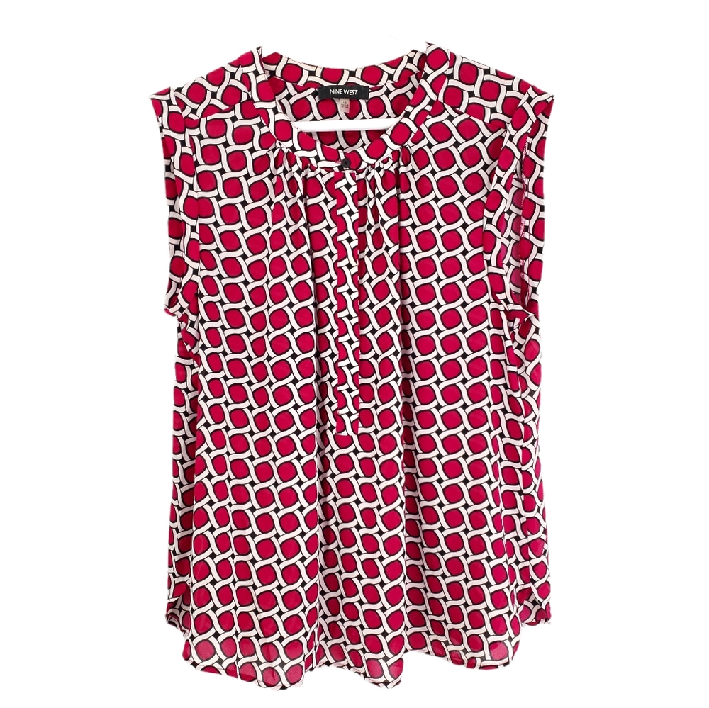 Nine West Sleeveless Sheer Blouse Dark Pink & White Chain Pattern Size 1X